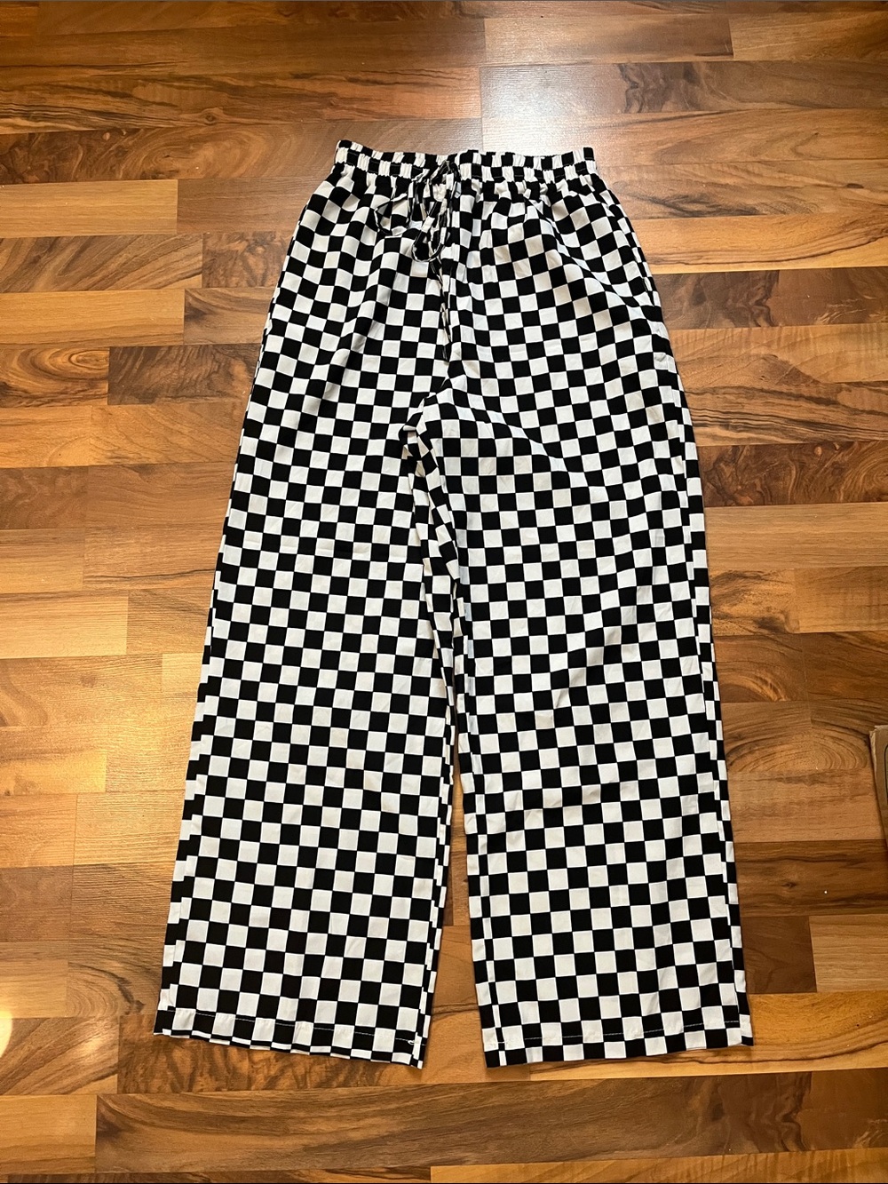 SHEIN Black & White Checkered Wide Leg Drawstring Pants